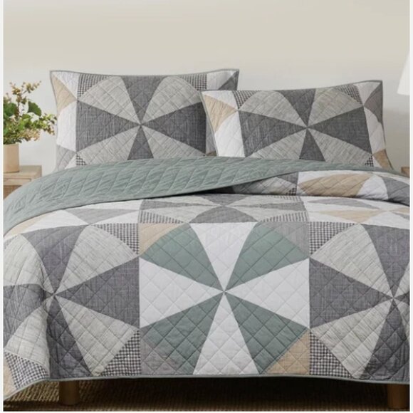 Origami Pieced Modern Patchwork 3-piece Quilt Set Queen Size - Picture 1 of 8